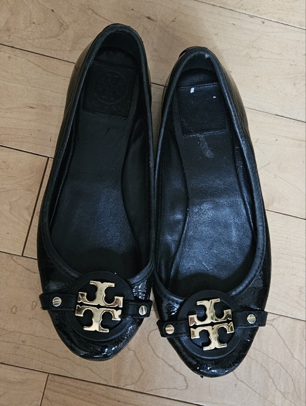 Tory Burch Black Patent Leather Logo Flats with Gold Emblem